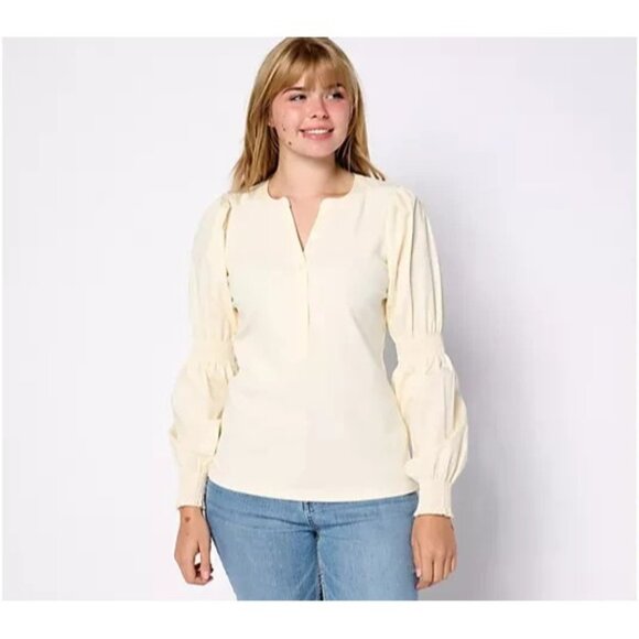 Studio Park x Shawn Mixed Media Puff Sleeve Henley Top Cream Small A624129 - Picture 1 of 1